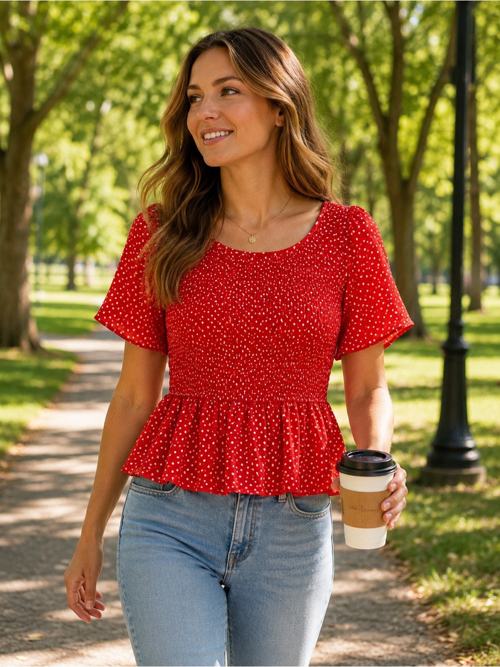 URBAN Romantics Red Smocked Peplum Top with White Dot Print